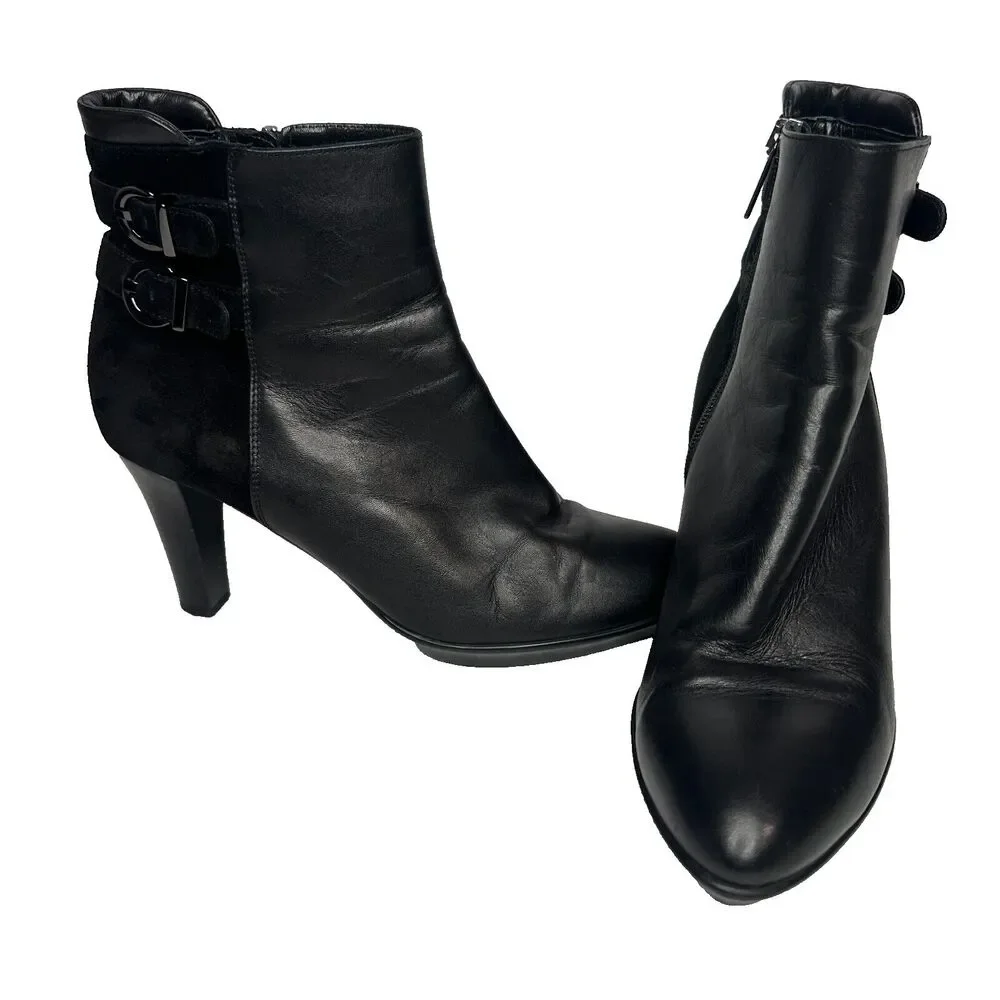 Aquatalia Italian Leather Ankle Boots Roma Black Double Buckle